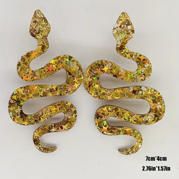 💛 Sequined Gold Acrylic Snake Earrings - Taylor Reputation Accessories Gift - Picture 5 of 6